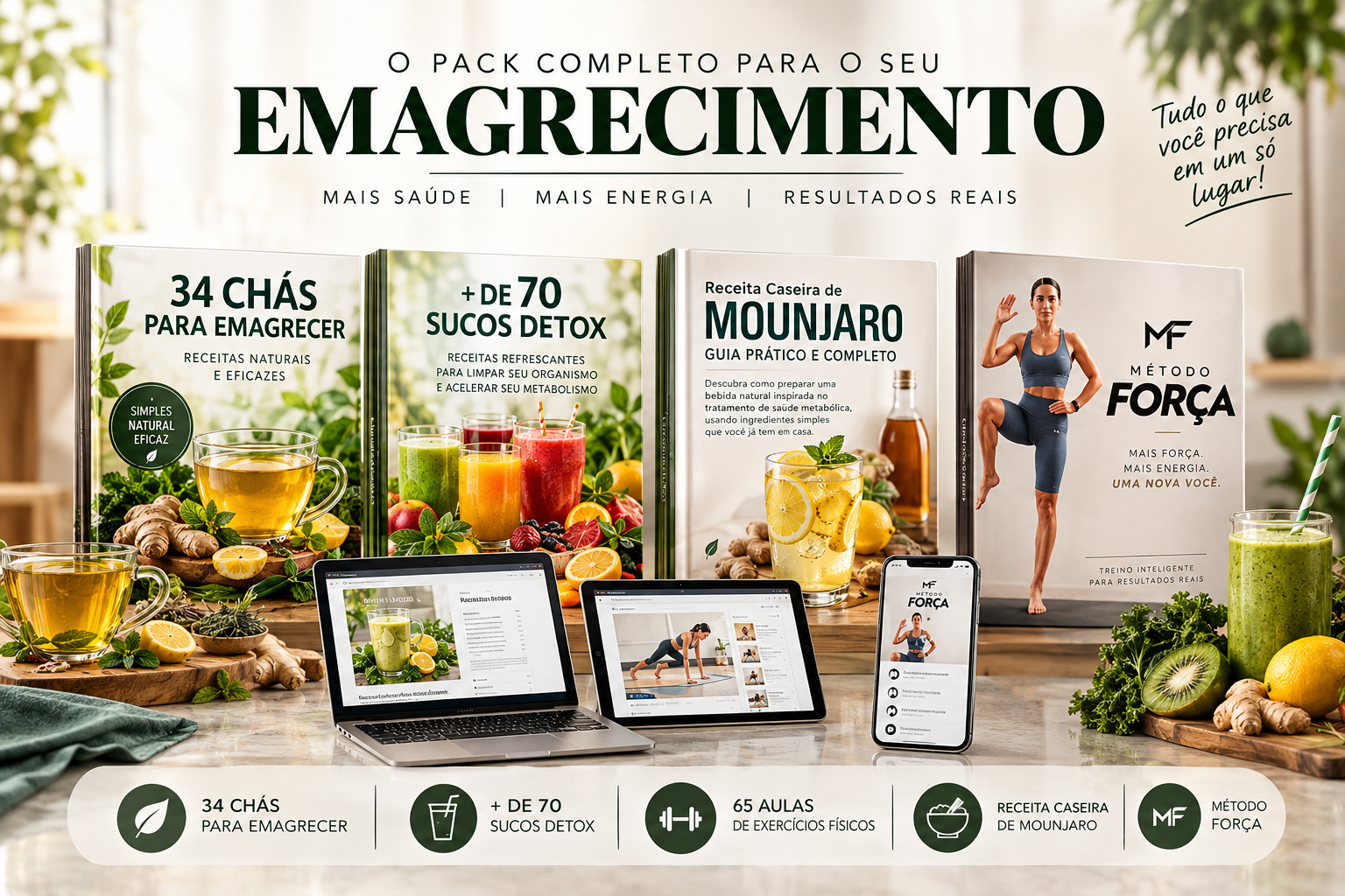 Kit completo com 34 Chás para Emagrecer, +70 Sucos Detox, +65 Aulas Práticas de Exercícios Físicos e Receita Caseira de Mounjaro